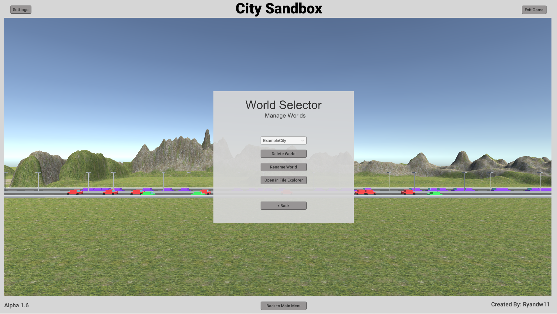 The world management screen for city sandbox.